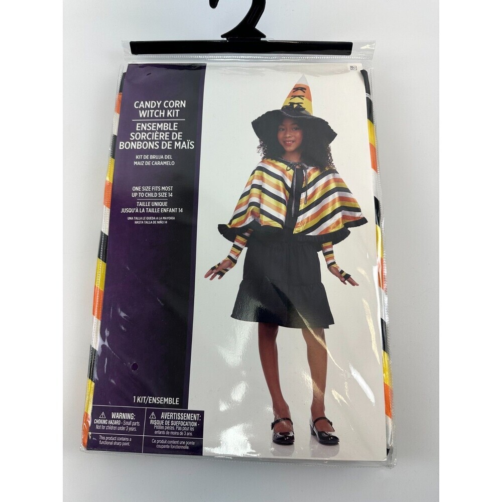 Candy Corn Witch Kit Costume Hat Cape Gloves Striped Orange One Size Kids Child